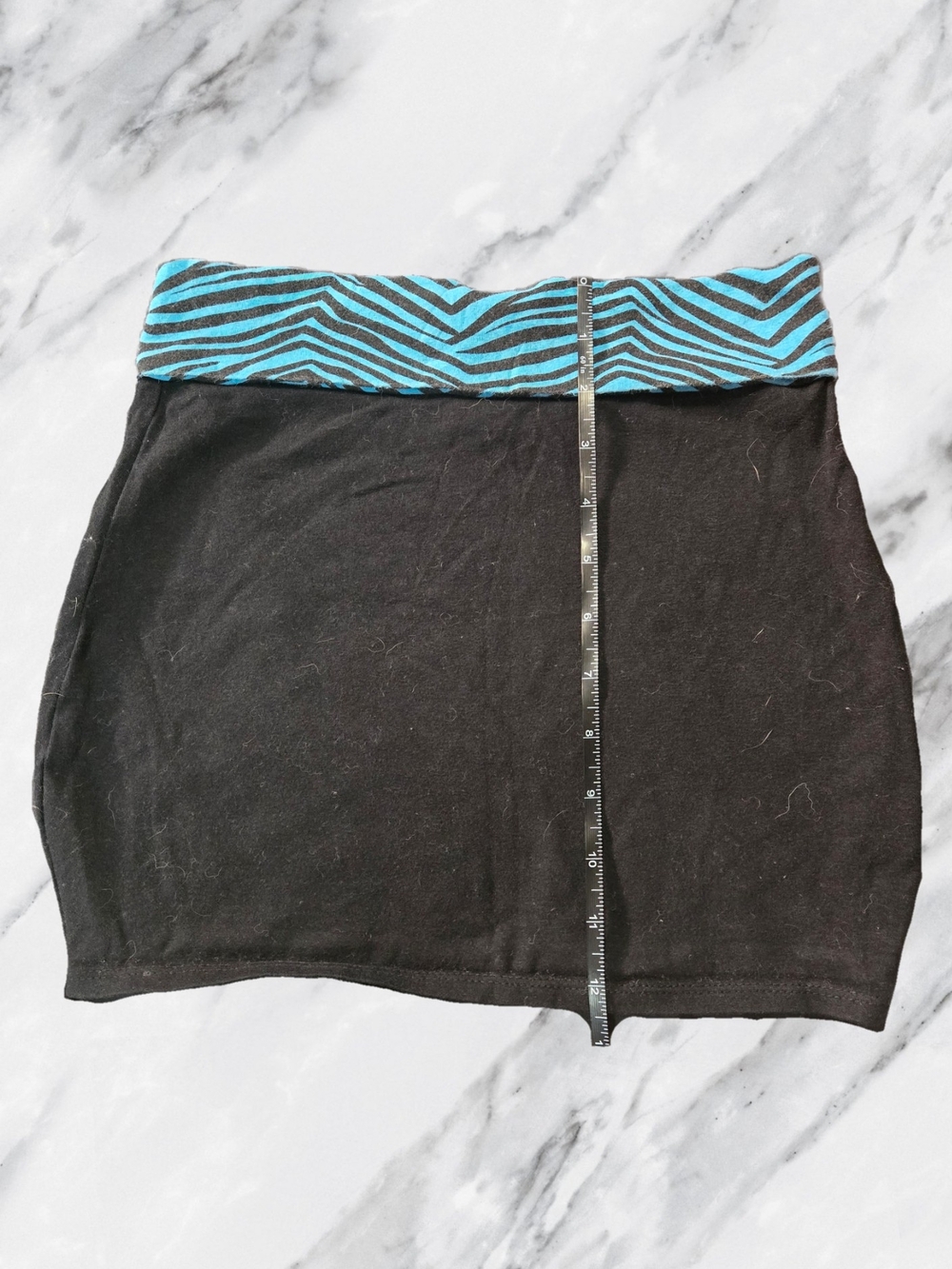 Y2K Black Mini Skirt with Blue Zebra Fold-Over Waistband